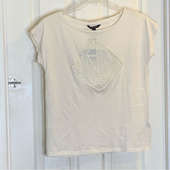 Lauren Ralph Lauren Ladies Winter Cream Sequined Logo Tee Shirt Size Medium - Picture 4 of 13